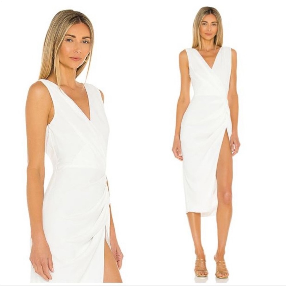 Amanda Uprichard | NEW Pomona Ruched Midi V Neck Dress in Ivory Size S